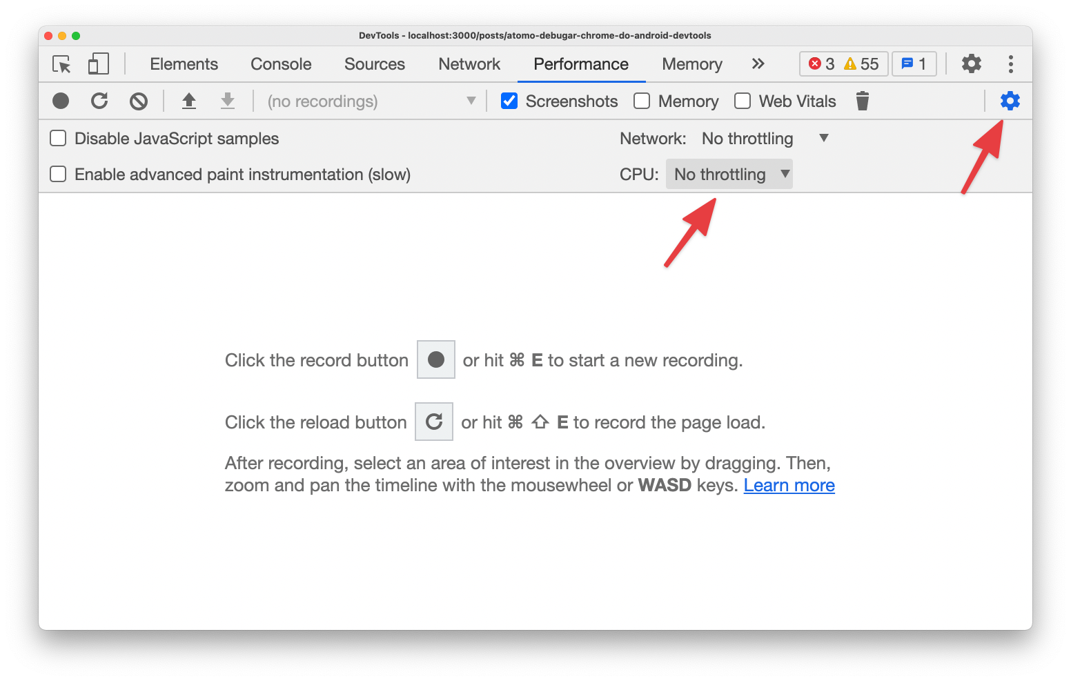 Captura de tela (screenshot) da aba de performance selecionando as opções de CPU Throttling