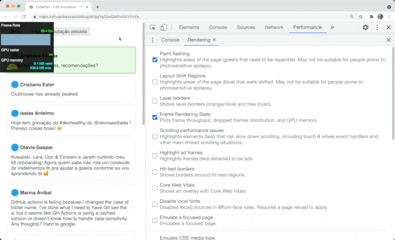 Exemplo de Paint Flashing e Frame Rendering Stats ativado