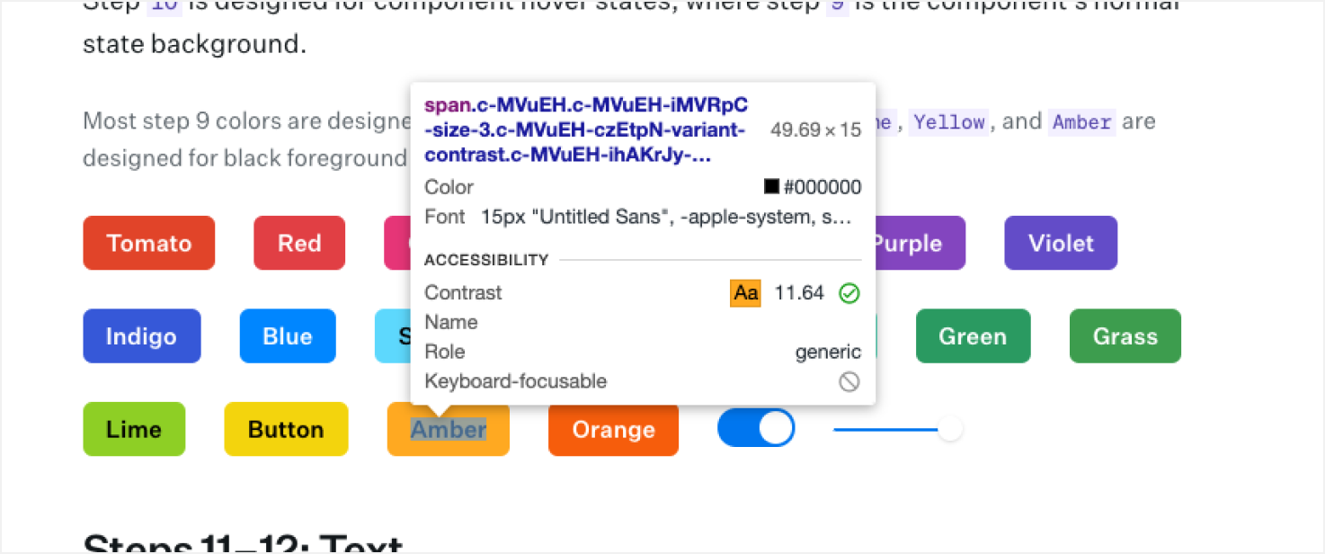 Verificando a acessibilidade de um texto com a ferramenta de seleção para inspeção do Chrome